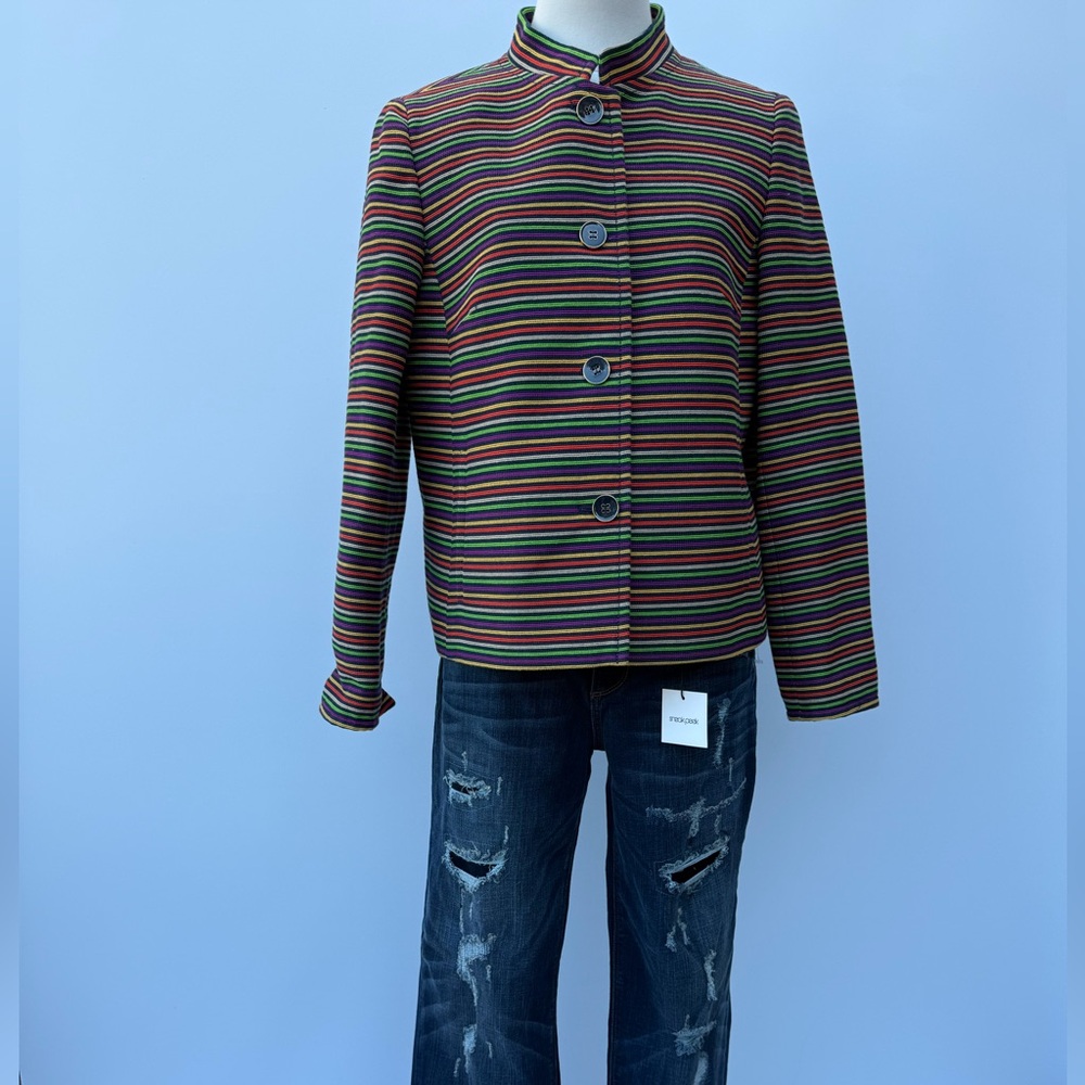Talbots Rainbow Horizontal Striped Metallic Thread Mandarin Collar Biazer - Picture 3 of 12